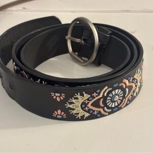 Vintage Embroidered Black Leather Bohemian Hobo Western Belt